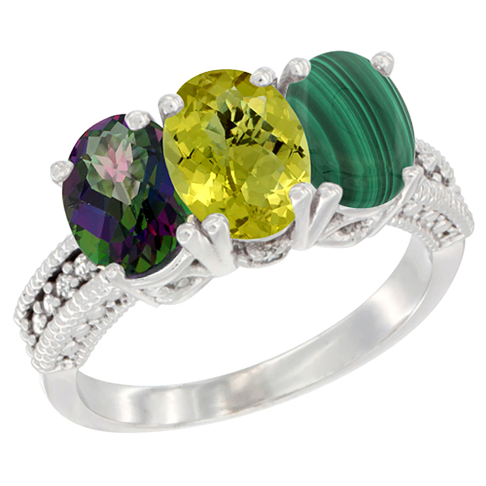 14K White Gold Natural Mystic Topaz, Lemon Quartz & Malachite Ring 3-Stone 7x5 mm Oval Diamond Accent, sizes 5 - 10