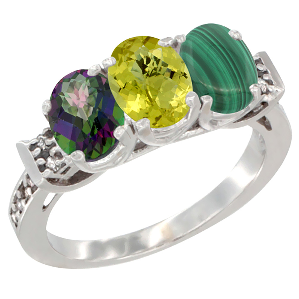 14K White Gold Natural Mystic Topaz, Lemon Quartz & Malachite Ring 3-Stone 7x5 mm Oval Diamond Accent, sizes 5 - 10