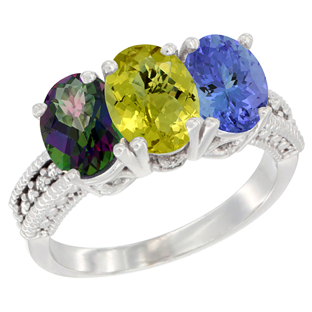 14K White Gold Natural Mystic Topaz, Lemon Quartz & Tanzanite Ring 3-Stone 7x5 mm Oval Diamond Accent, sizes 5 - 10