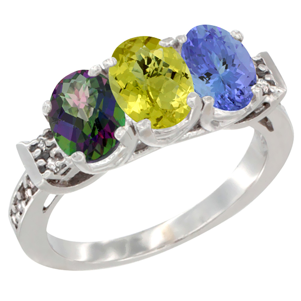 14K White Gold Natural Mystic Topaz, Lemon Quartz & Tanzanite Ring 3-Stone 7x5 mm Oval Diamond Accent, sizes 5 - 10