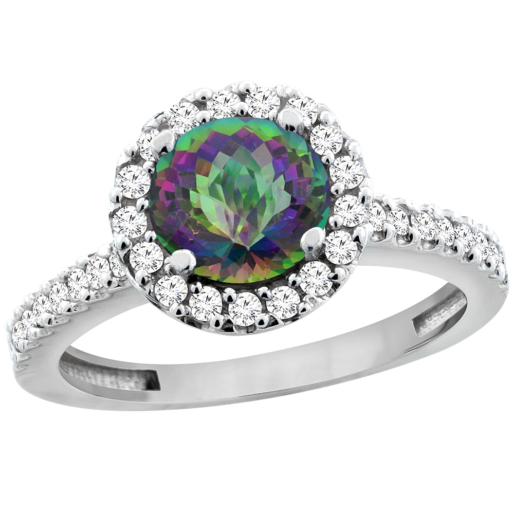 14K White Gold Natural Mystic Topaz Ring Round 6mm Floating Halo Diamond, sizes 5 - 10