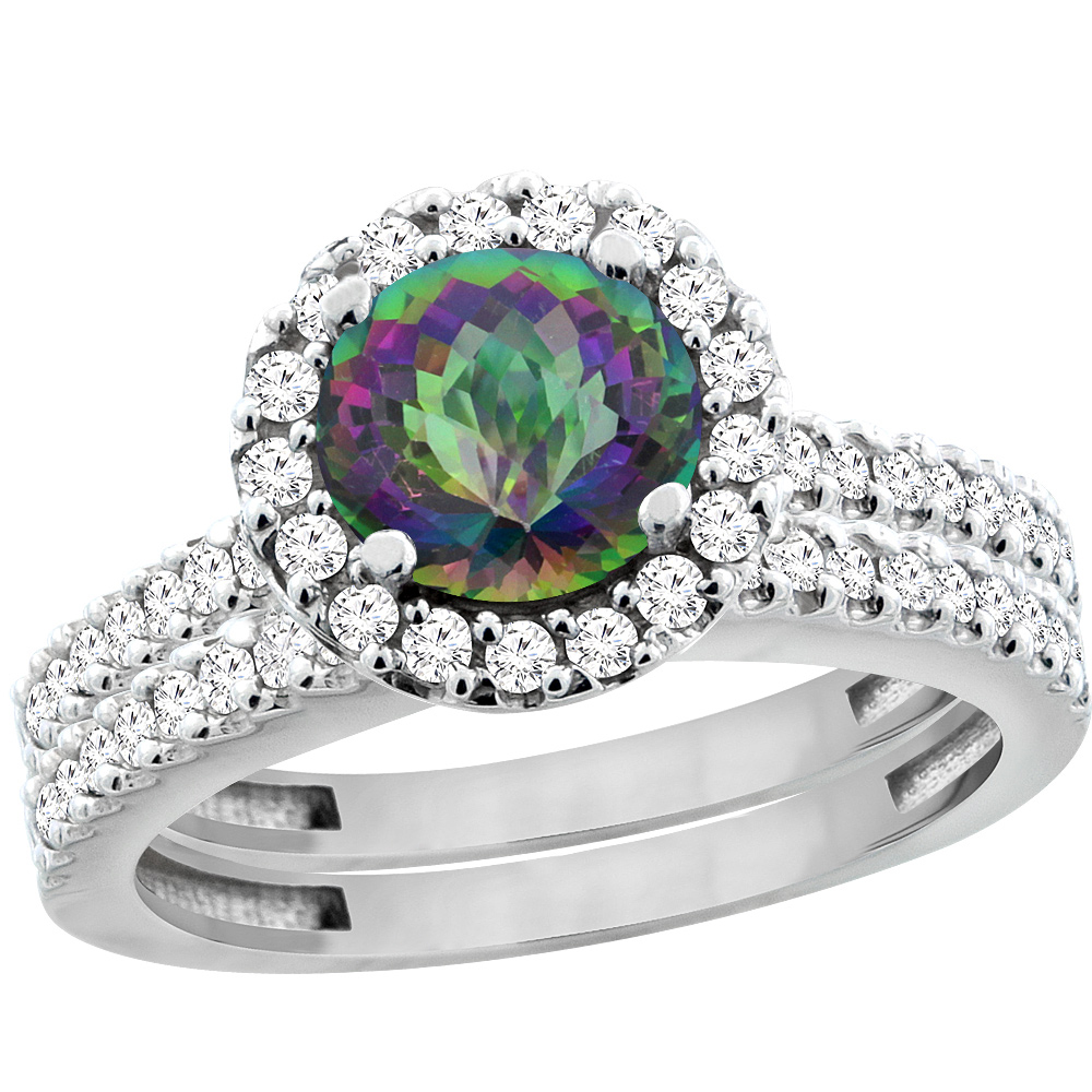 14K White Gold Natural Mystic Topaz Round 6mm 2-Piece Engagement Ring Set Floating Halo Diamond, sizes 5 - 10