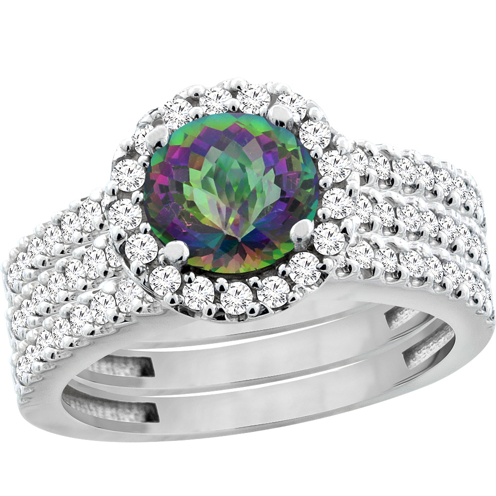 10K White Gold Natural Mystic Topaz 3-Piece Bridal Ring Set Round 6mm Halo Diamond, sizes 5 - 10