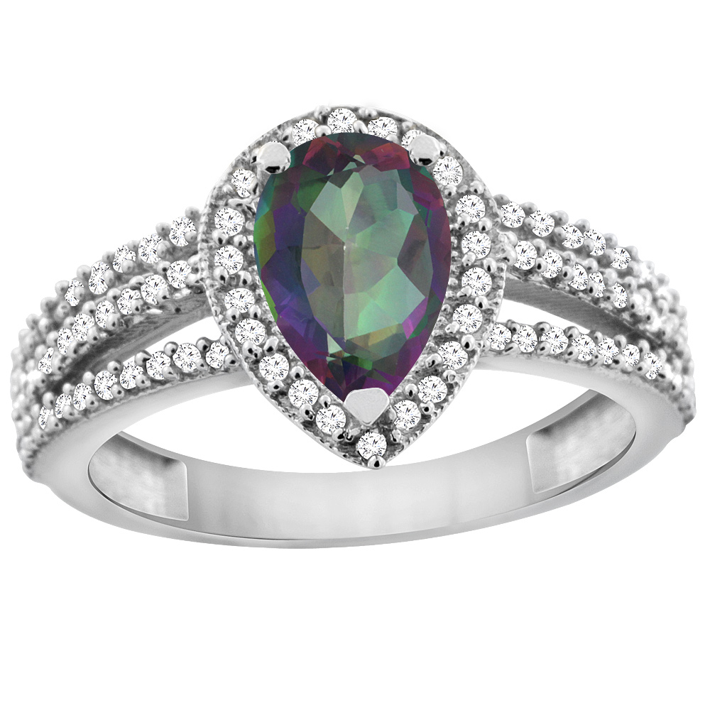 14K White Gold Natural Mystic Topaz Ring 9x7 Pear Halo Diamond, sizes 5 - 10