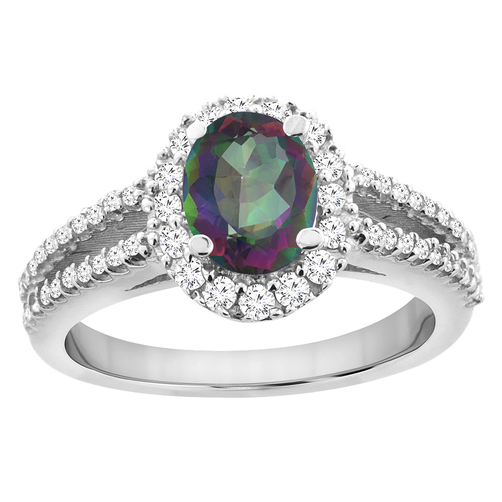 14K White Gold Natural Mystic Topaz Split Shank Halo Engagement Ring Oval 7x5 mm, sizes 5 - 10