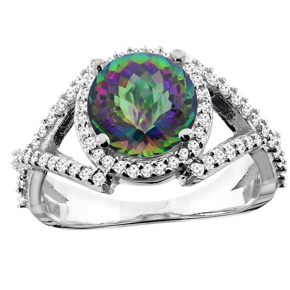 10K White/Yellow/Rose Gold Natural Mystic Topaz Ring Round 8mm Diamond Accent, sizes 5 - 10