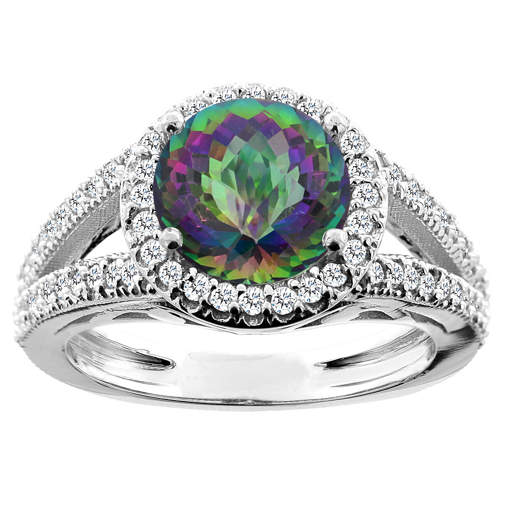 10K White/Yellow/Rose Gold Natural Mystic Topaz Ring Round 8mm Diamond Accent, sizes 5 - 10