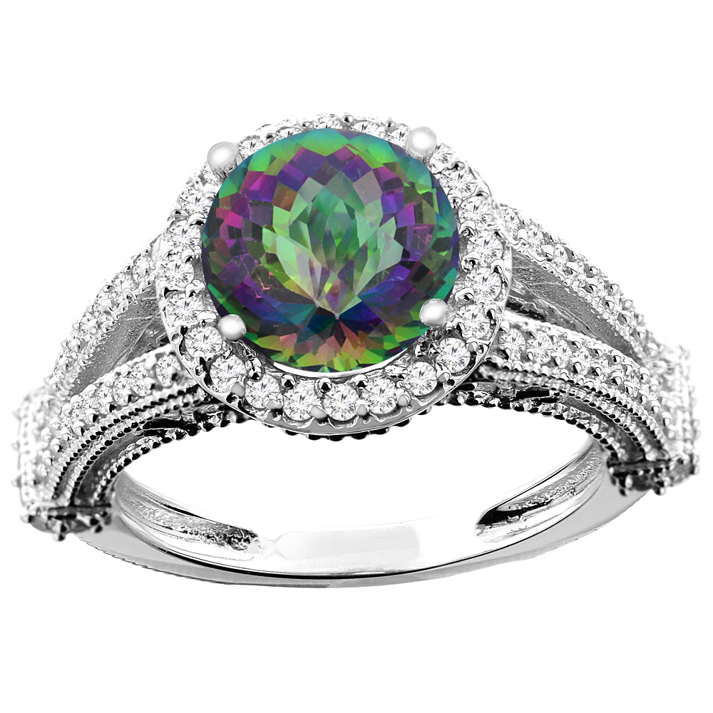 14K White/Yellow/Rose Gold Natural Mystic Topaz Ring Round 8mm Diamond Accent, sizes 5 - 10