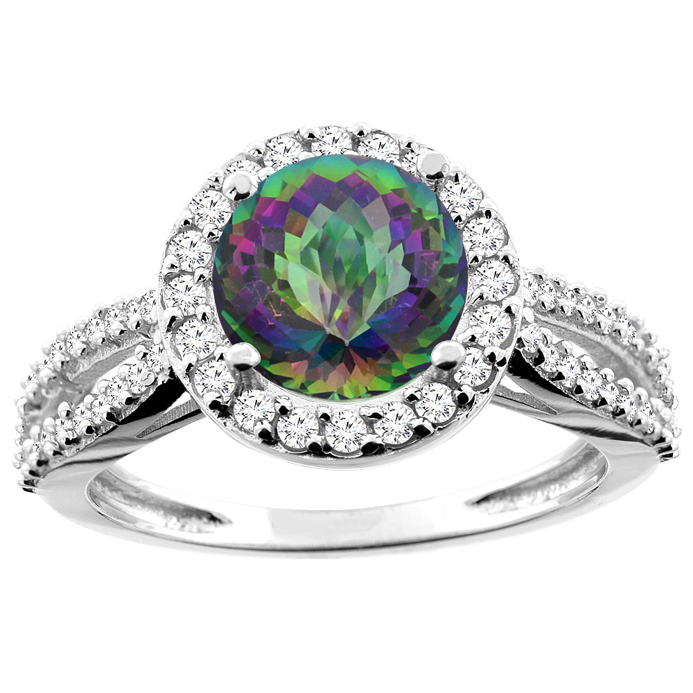 14K White/Yellow/Rose Gold Natural Mystic Topaz Ring Round 8mm Diamond Accent, sizes 5 - 10