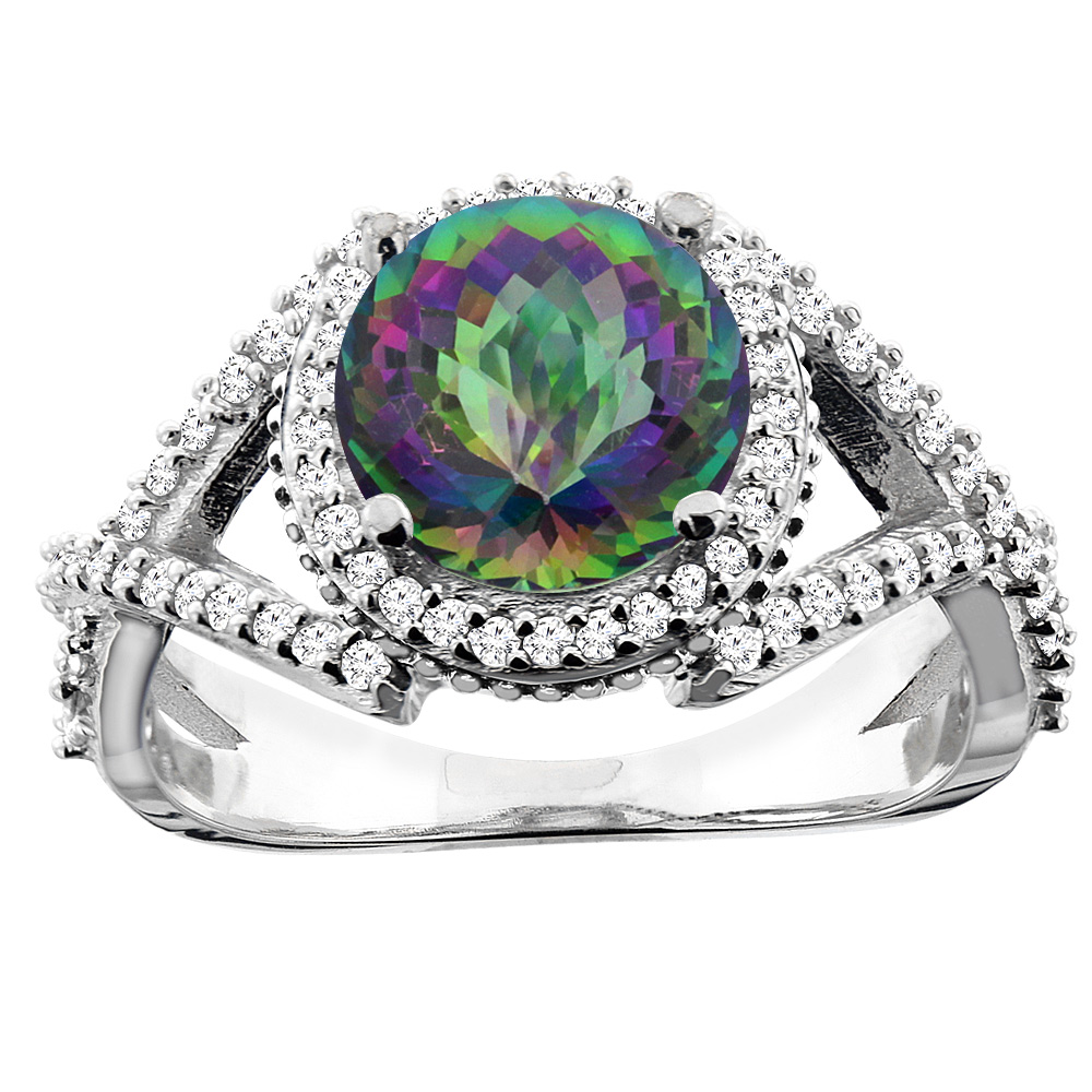 10K White/Yellow/Rose Gold Natural Mystic Topaz Ring Round 8mm Diamond Accent, sizes 5 - 10