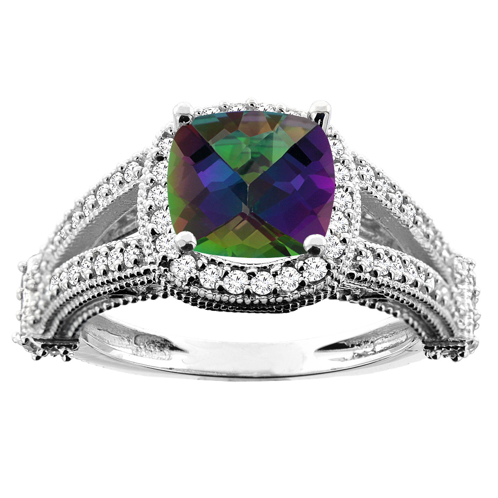 14K White/Yellow/Rose Gold Natural Mystic Topaz Split Shank Ring Cushion 7x7mm Diamond Accent, sizes 5 - 10