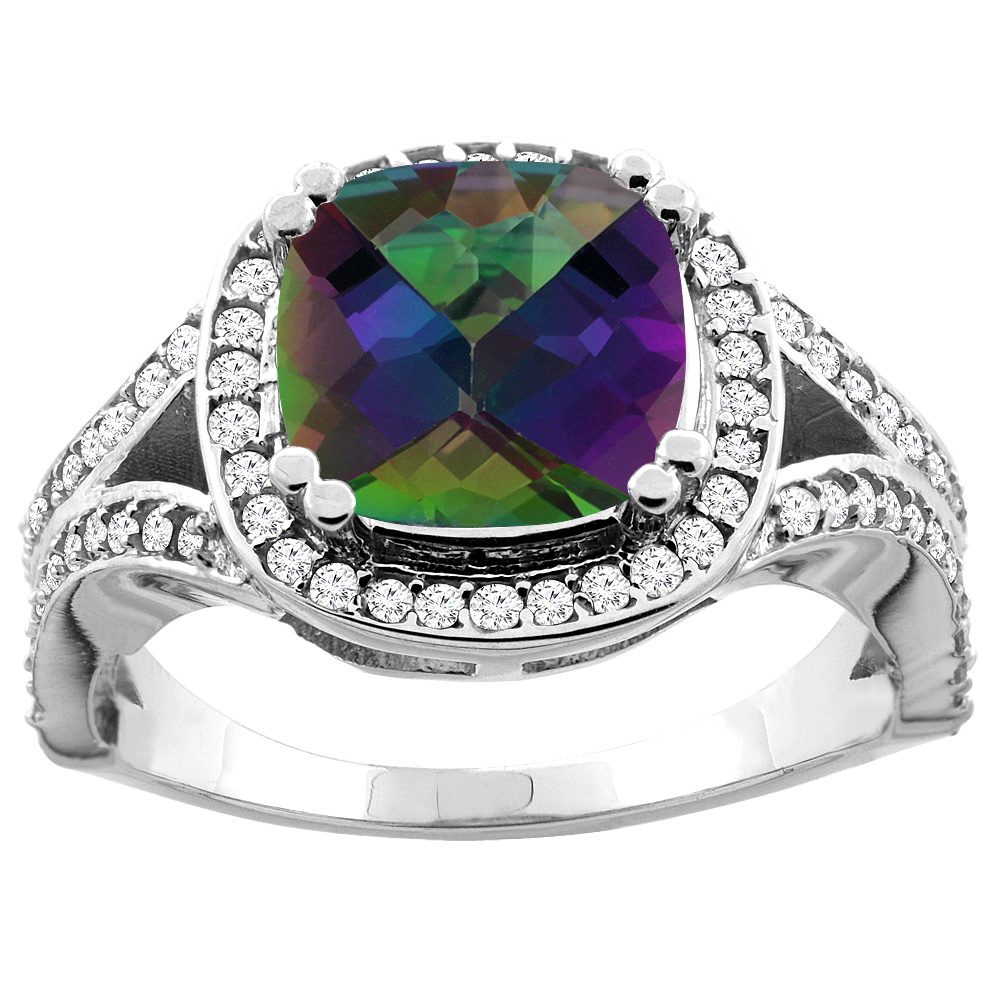 10K Yellow Gold Natural Mystic Topaz Split Ring Cushion 8x8mm Diamond Accent, sizes 5 - 10