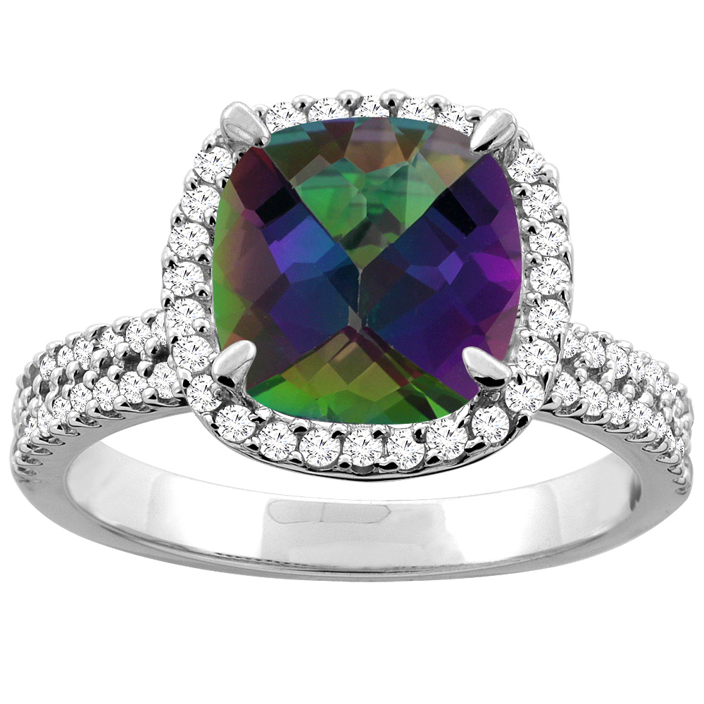 14K White/Yellow Gold Natural Mystic Topaz Halo Ring Cushion 9x9mm Diamond Accent, sizes 5 - 10