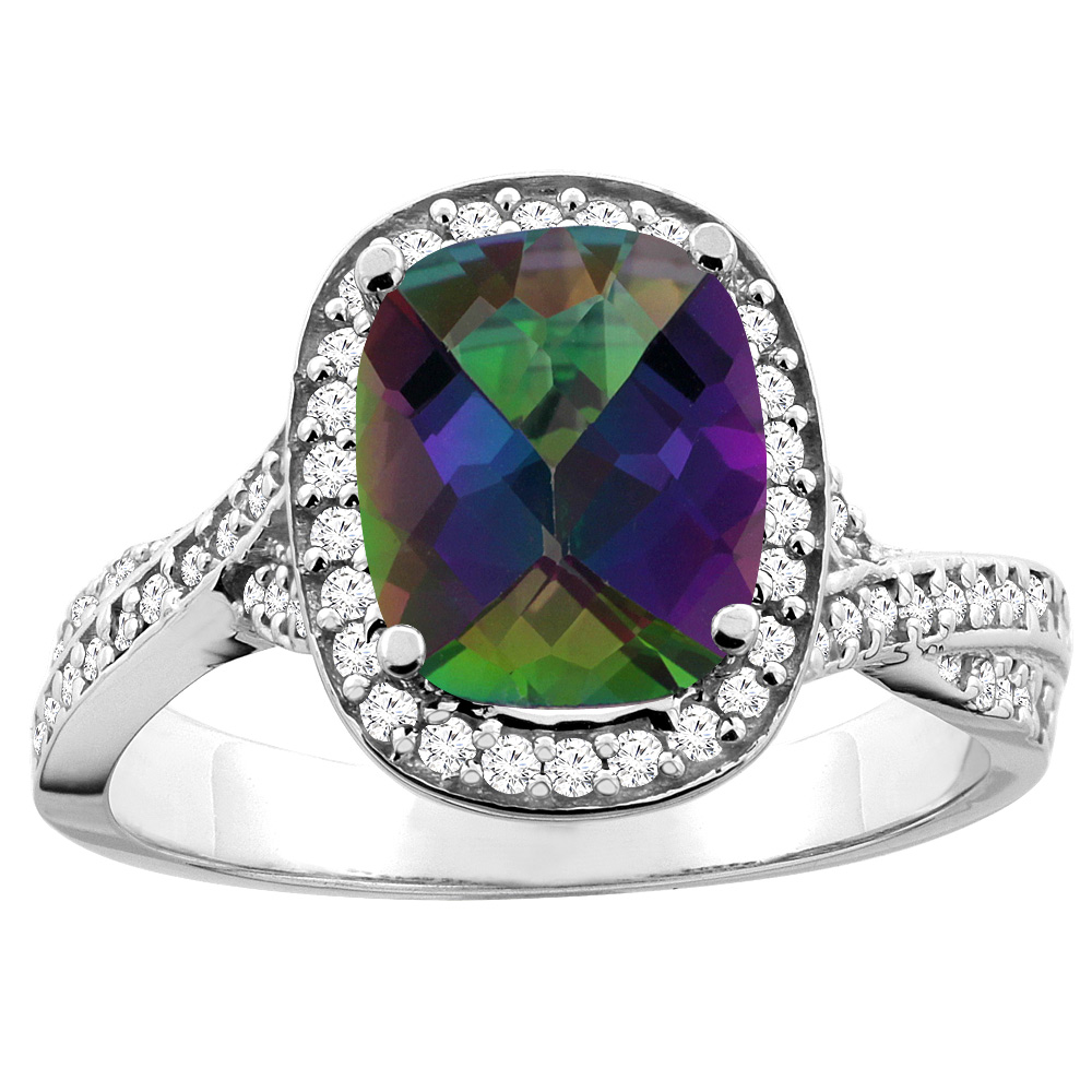 14K White/Yellow Gold Natural Mystic Topaz Halo Ring Cushion 9x7mm Diamond Accent, sizes 5 - 10