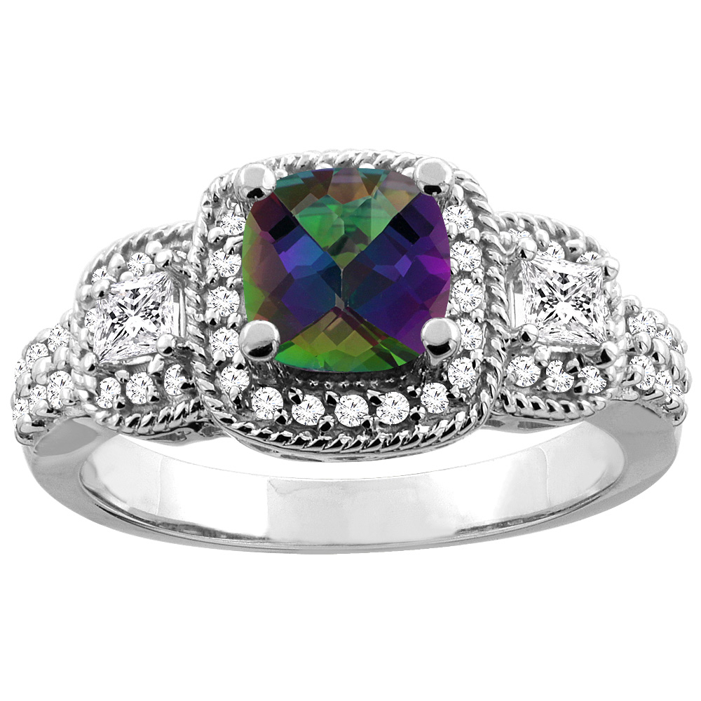 14K White/Yellow Gold Natural Mystic Topaz Ring Cushion-cut 6x6 mm Diamond Accent, sizes 5 - 10