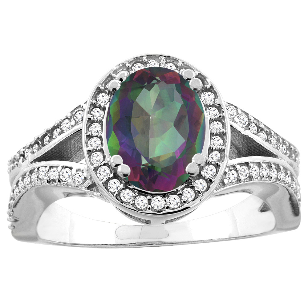 10K White/Yellow Gold Natural Mystic Topaz Split Ring Oval 8x6mm Diamond Accent, sizes 5 - 10