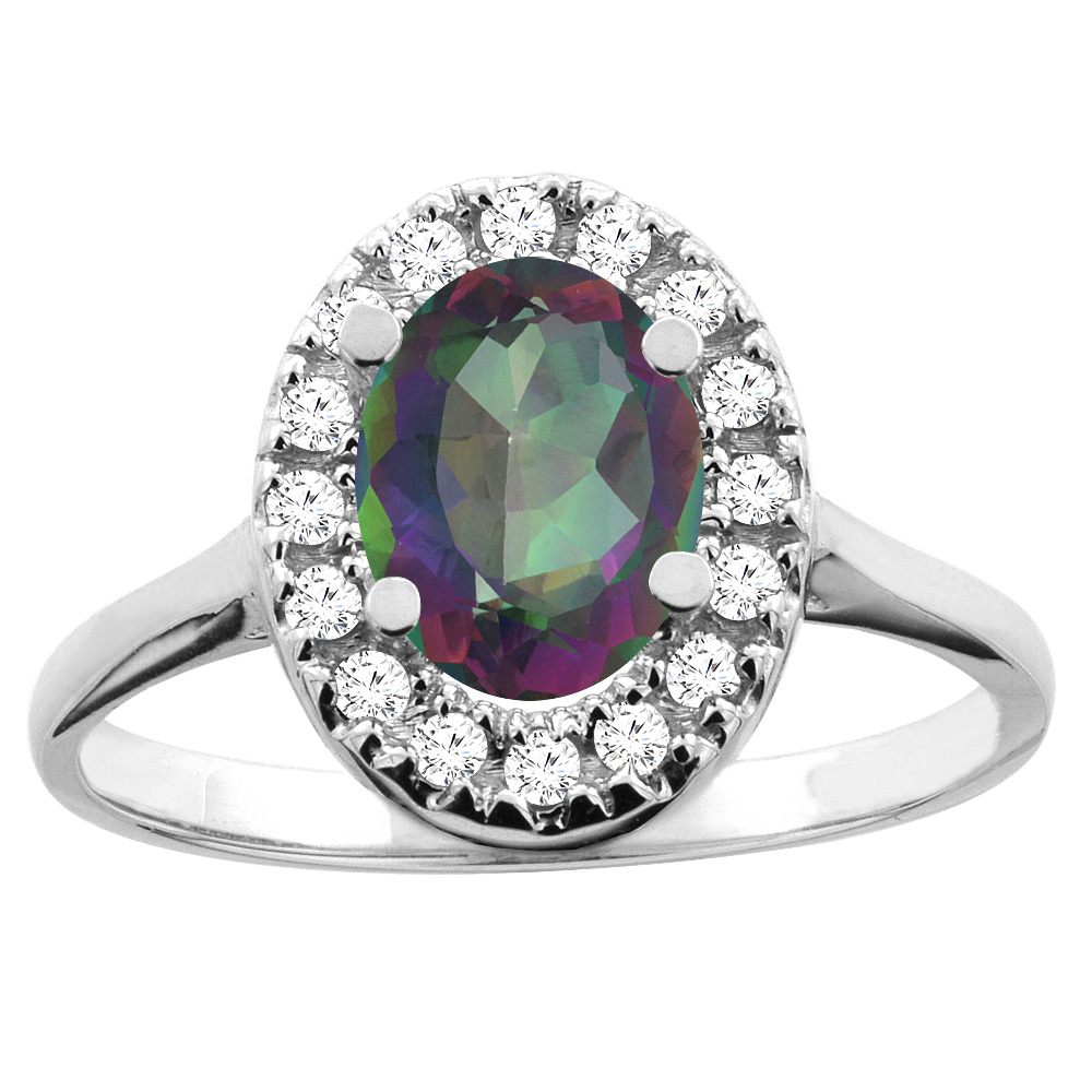 14K White/Yellow Gold Natural Mystic Topaz Ring Oval 8x6mm Diamond Accent, sizes 5 - 10