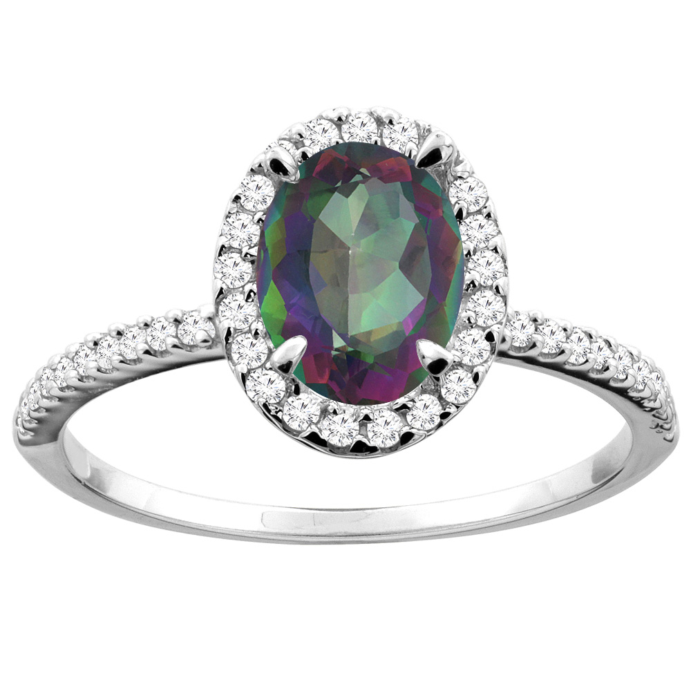 10K White/Yellow Gold Natural Mystic Topaz Ring Oval 8x6mm Diamond Accent, sizes 5 - 10