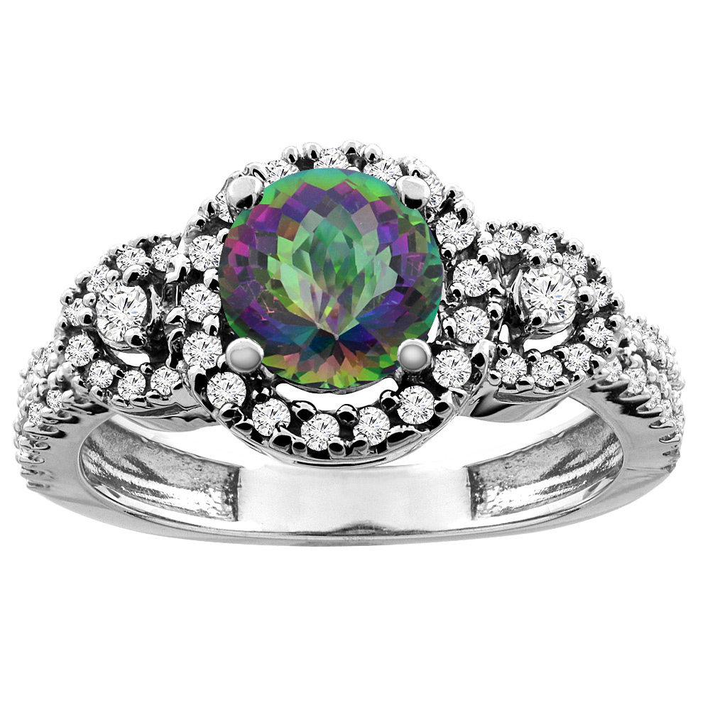 14K White/Yellow Gold Diamond Halo Natural Mystic Topaz Ring Round 6mm, sizes 5 - 10