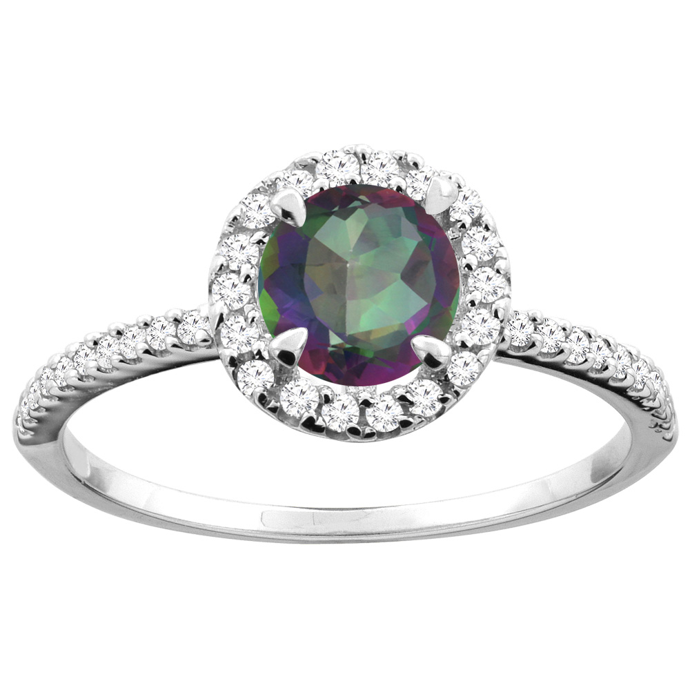 10K Gold Natural Mystic Topaz Ring Round 6mm Diamond Accents, sizes 5 - 10