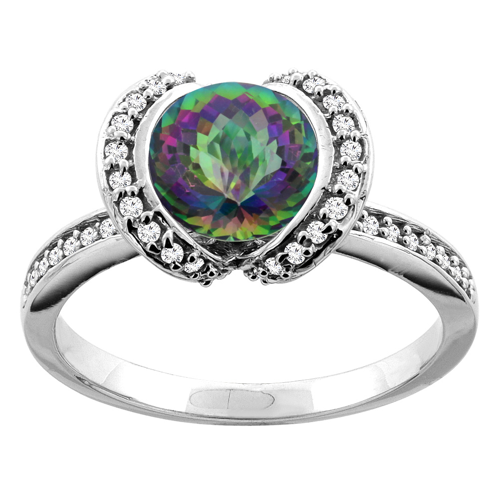 10K White/Yellow Gold Natural Mystic Topaz Ring Round 7mm Diamond Accent, sizes 5 - 10