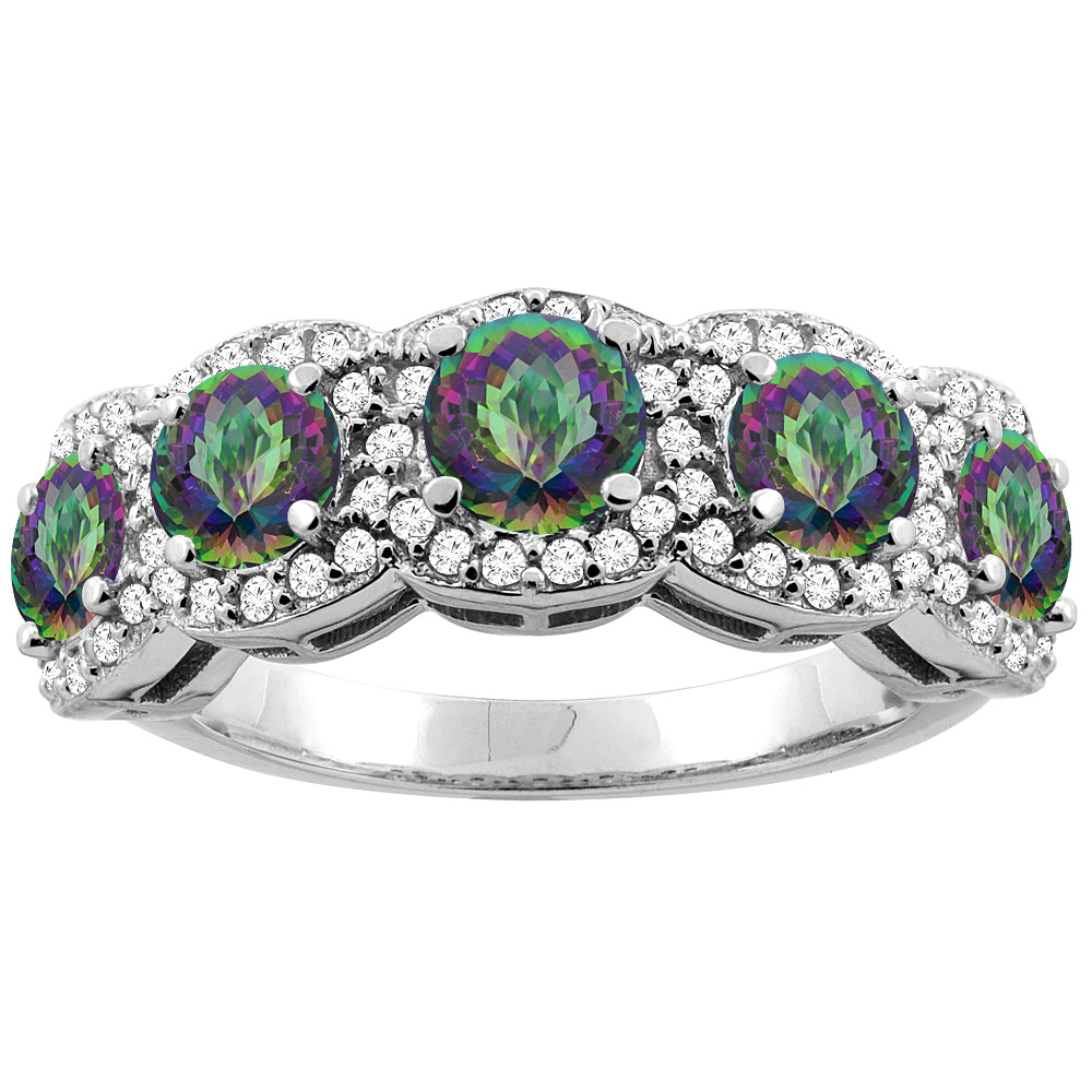 10K Gold Natural Mystic Topaz 5-Stone Ring Round 4mm, sizes 5 - 10