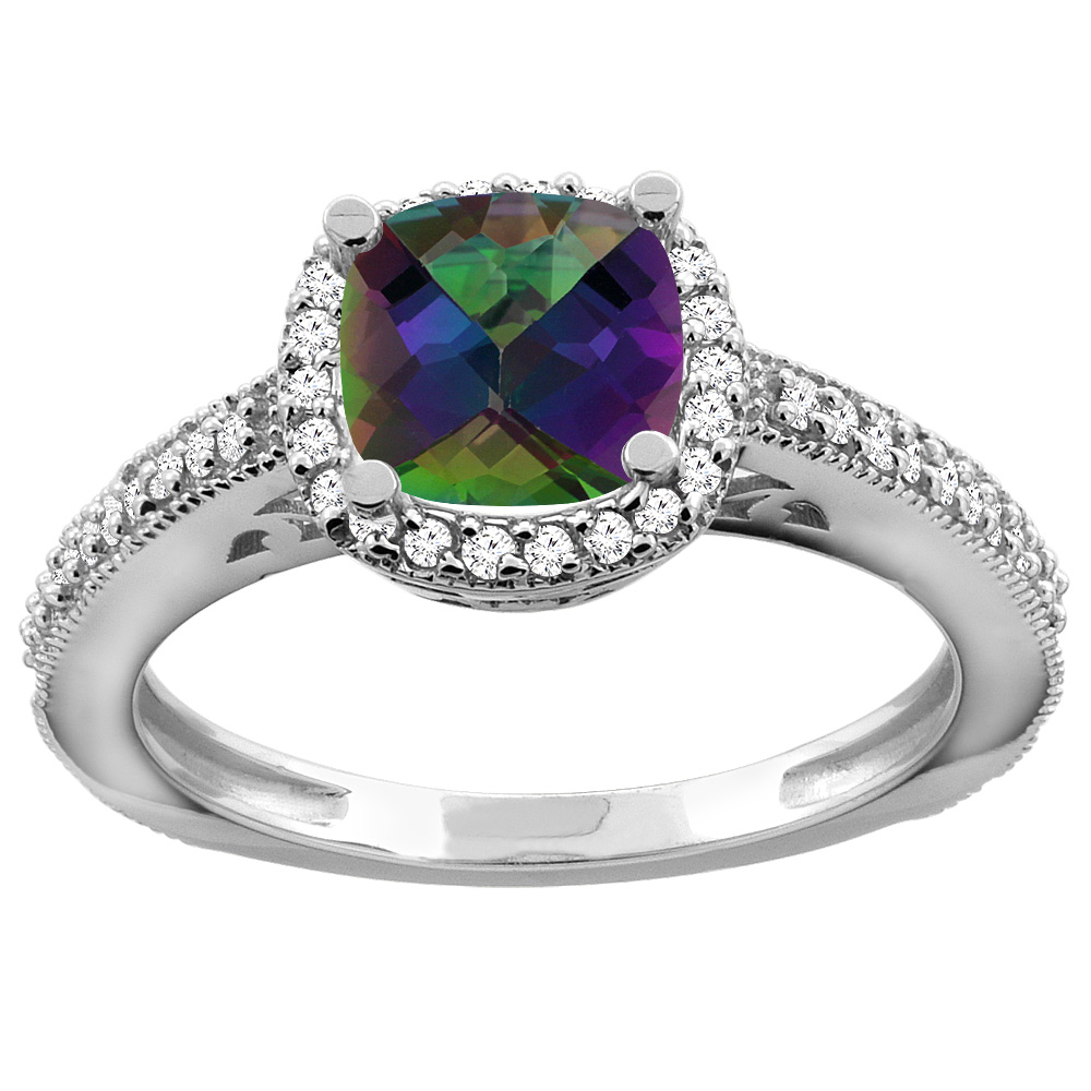 10K Gold Natural Mystic Topaz Engagement Ring Diamond Halo Cushion 7mm, sizes 5 - 10