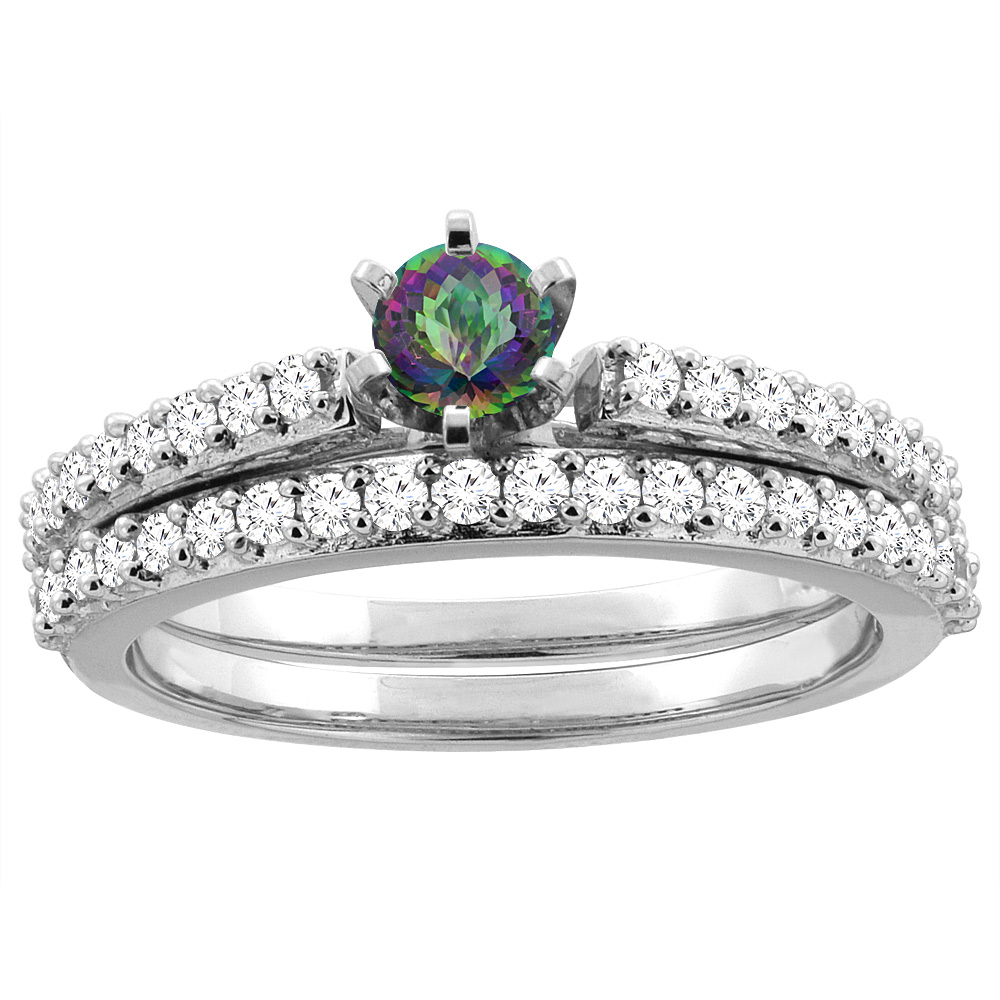 14K White Gold Natural Mystic Topaz 2-piece Bridal Ring Set Round 4mm, sizes 5 - 10