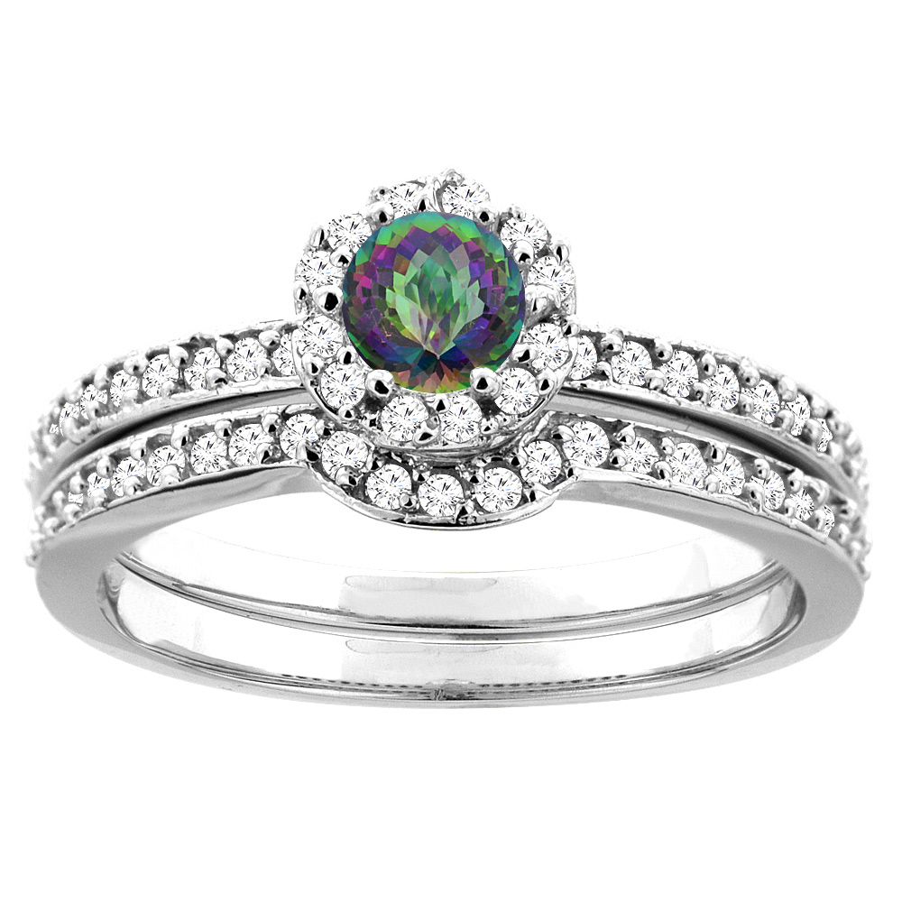 14K Yellow Gold Natural Mystic Topaz 2-pc Bridal Ring Set Diamond Accent Round 4mm, sizes 5 - 10