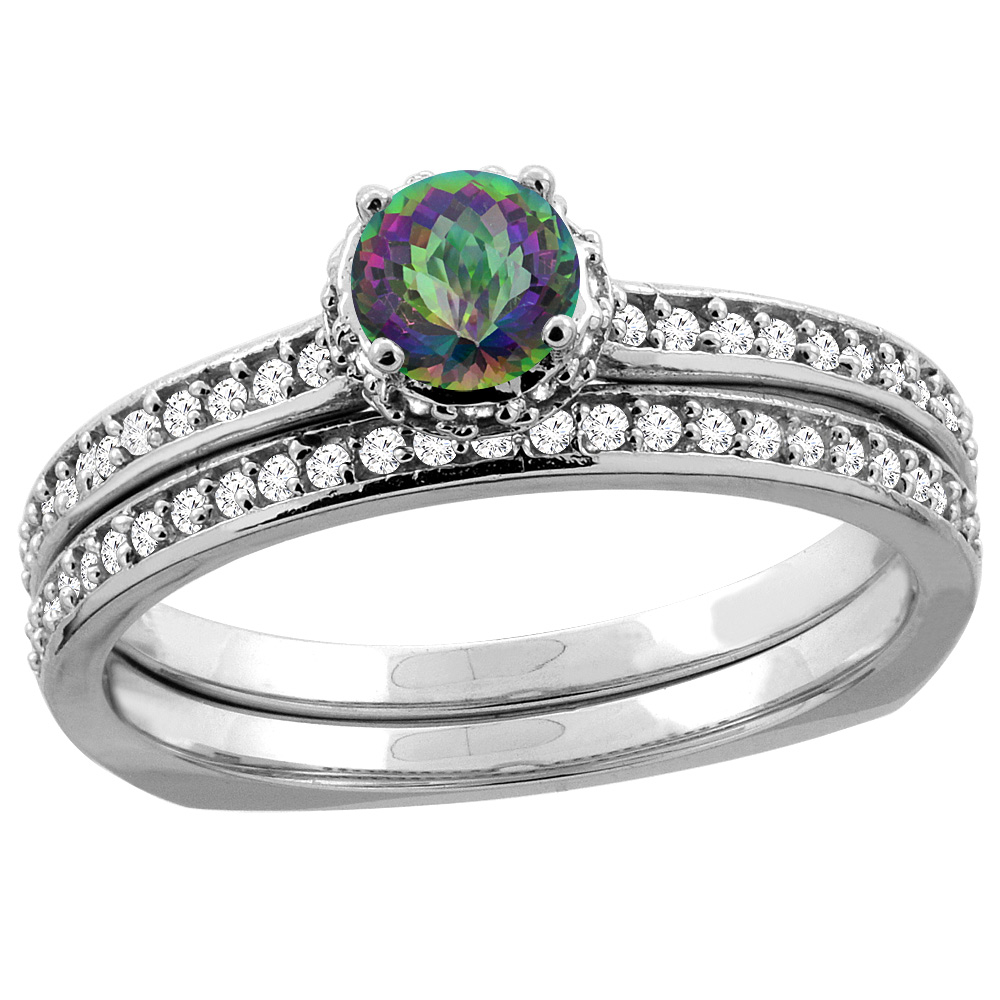 10K White Gold Diamond Natural Mystic Topaz 2-pc Bridal Ring Set Round 4mm, sizes 5 - 10