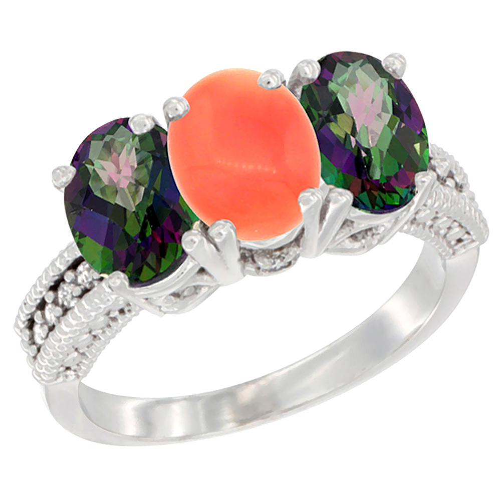 10K White Gold Natural Coral & Mystic Topaz Sides Ring 3-Stone Oval 7x5 mm Diamond Accent, sizes 5 - 10