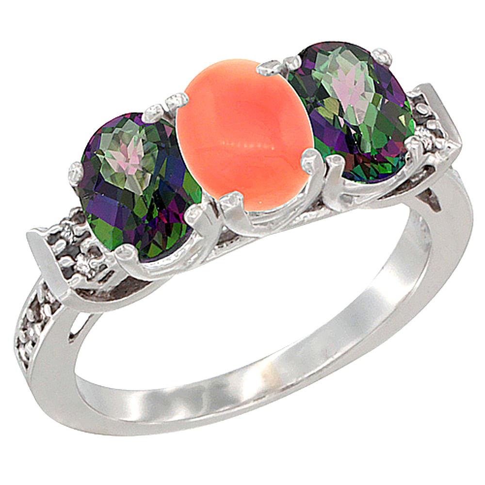 10K White Gold Natural Coral &amp; Mystic Topaz Sides Ring 3-Stone Oval 7x5 mm Diamond Accent, sizes 5 - 10