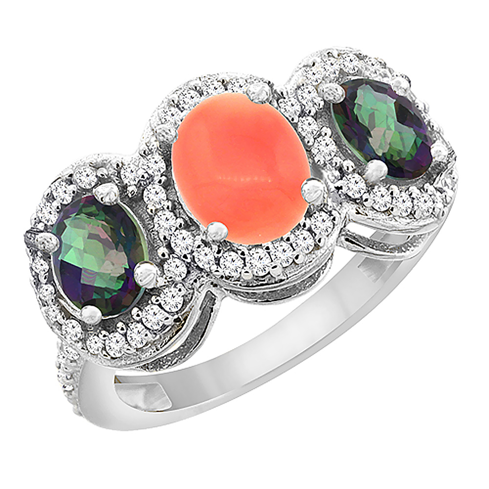 14K White Gold Natural Coral &amp; Mystic Topaz 3-Stone Ring Oval Diamond Accent, sizes 5 - 10