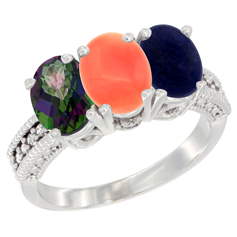 14K White Gold Natural Mystic Topaz, Coral &amp; Lapis Ring 3-Stone 7x5 mm Oval Diamond Accent, sizes 5 - 10