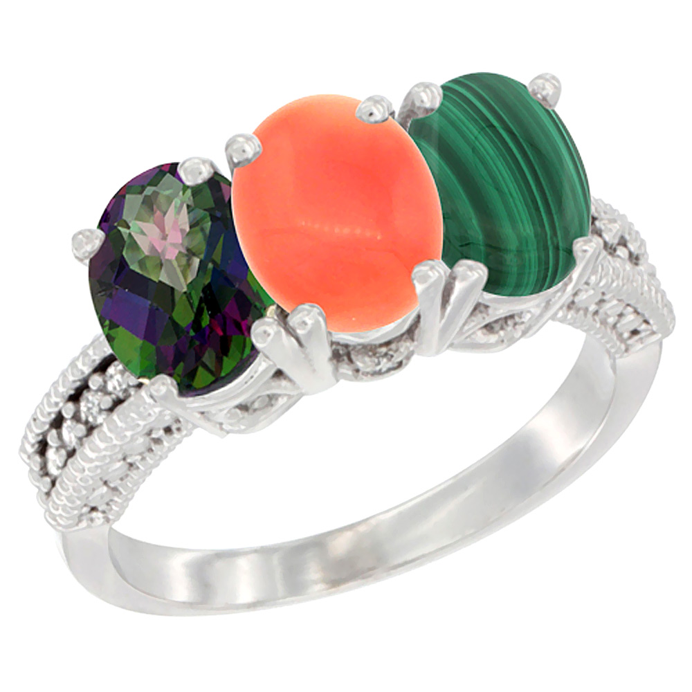 10K White Gold Natural Mystic Topaz, Coral & Malachite Ring 3-Stone Oval 7x5 mm Diamond Accent, sizes 5 - 10