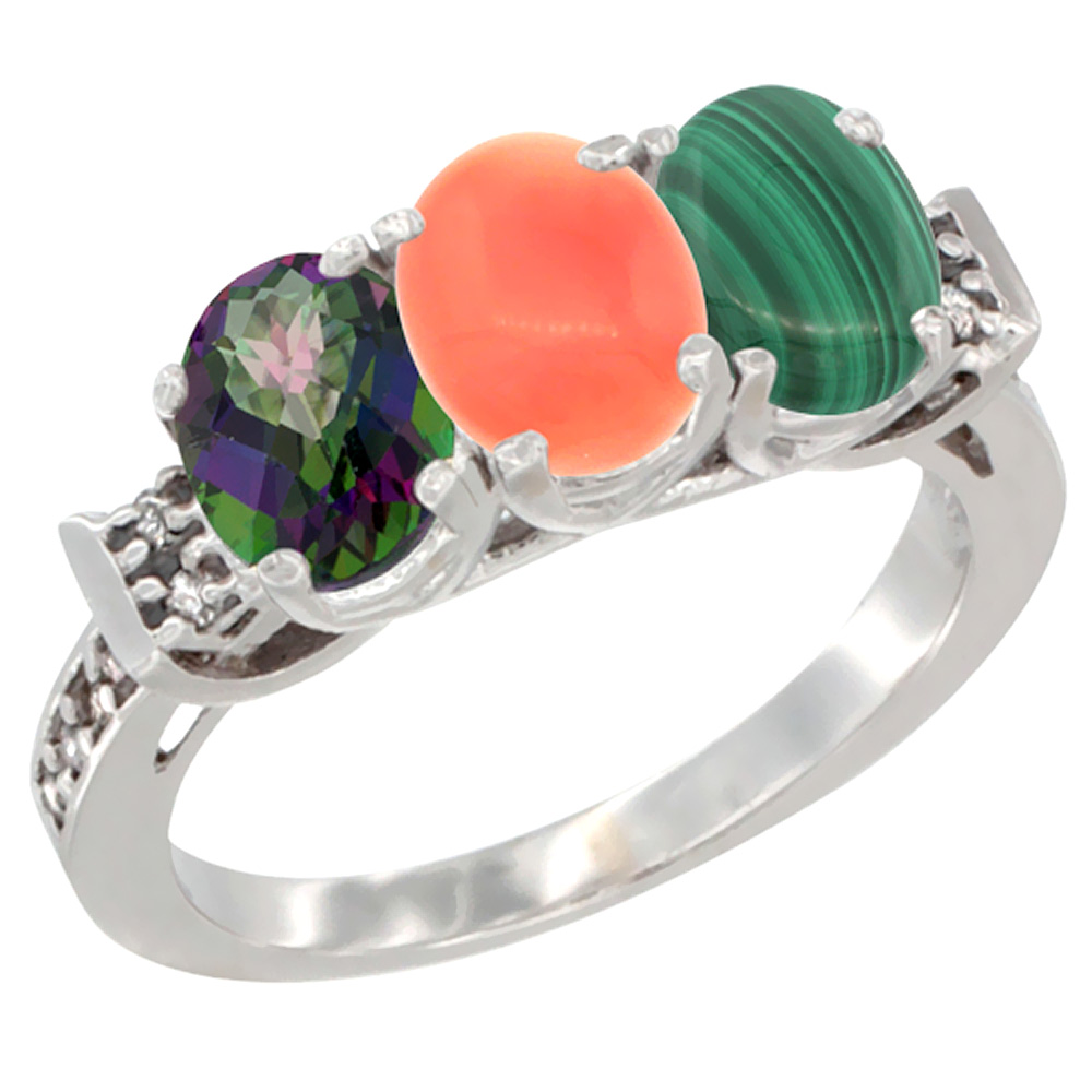 14K White Gold Natural Mystic Topaz, Coral &amp; Malachite Ring 3-Stone 7x5 mm Oval Diamond Accent, sizes 5 - 10