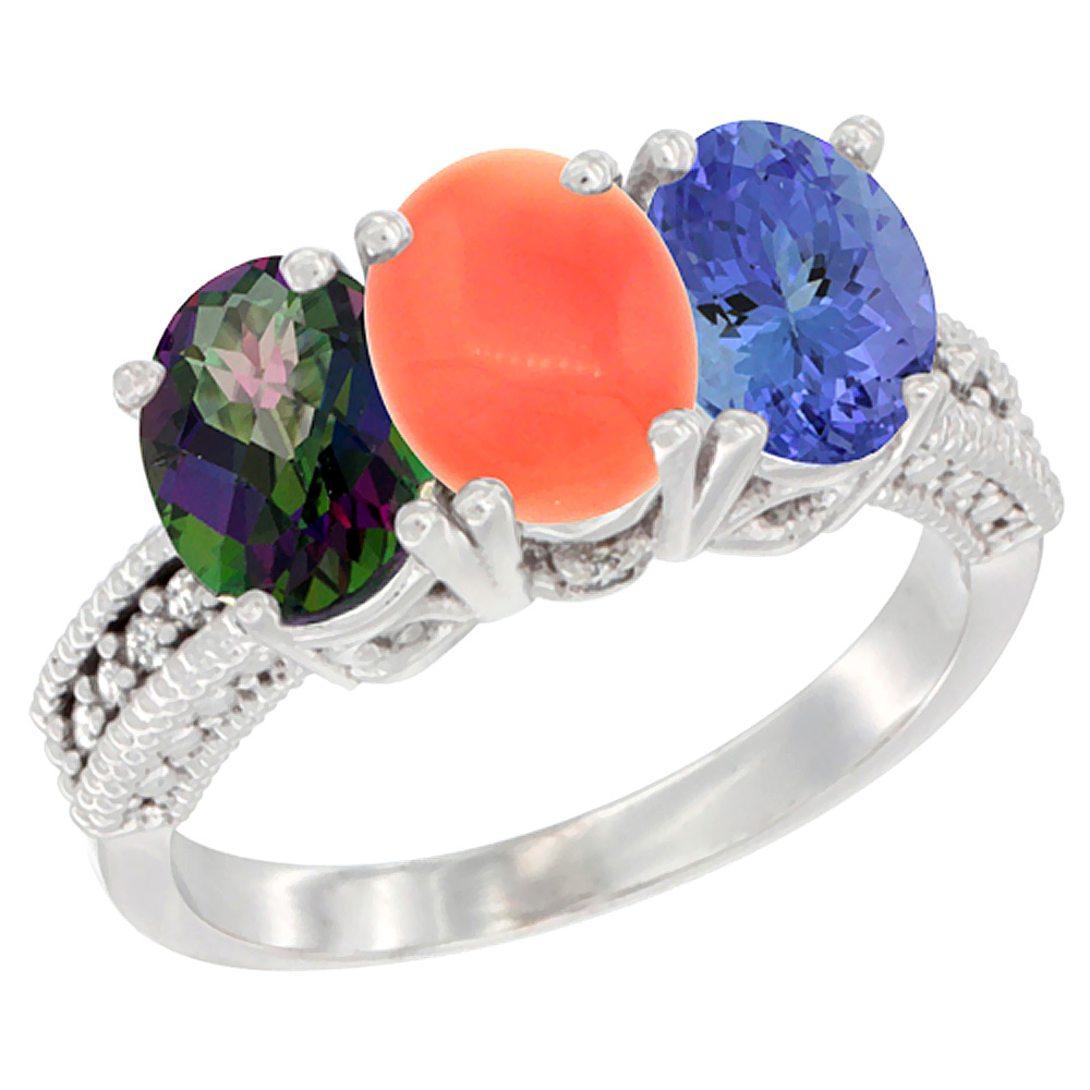 14K White Gold Natural Mystic Topaz, Coral &amp; Tanzanite Ring 3-Stone 7x5 mm Oval Diamond Accent, sizes 5 - 10