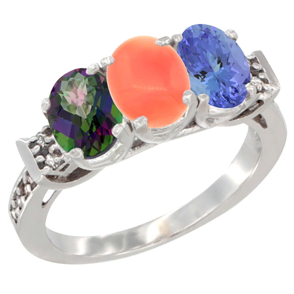 14K White Gold Natural Mystic Topaz, Coral &amp; Tanzanite Ring 3-Stone 7x5 mm Oval Diamond Accent, sizes 5 - 10