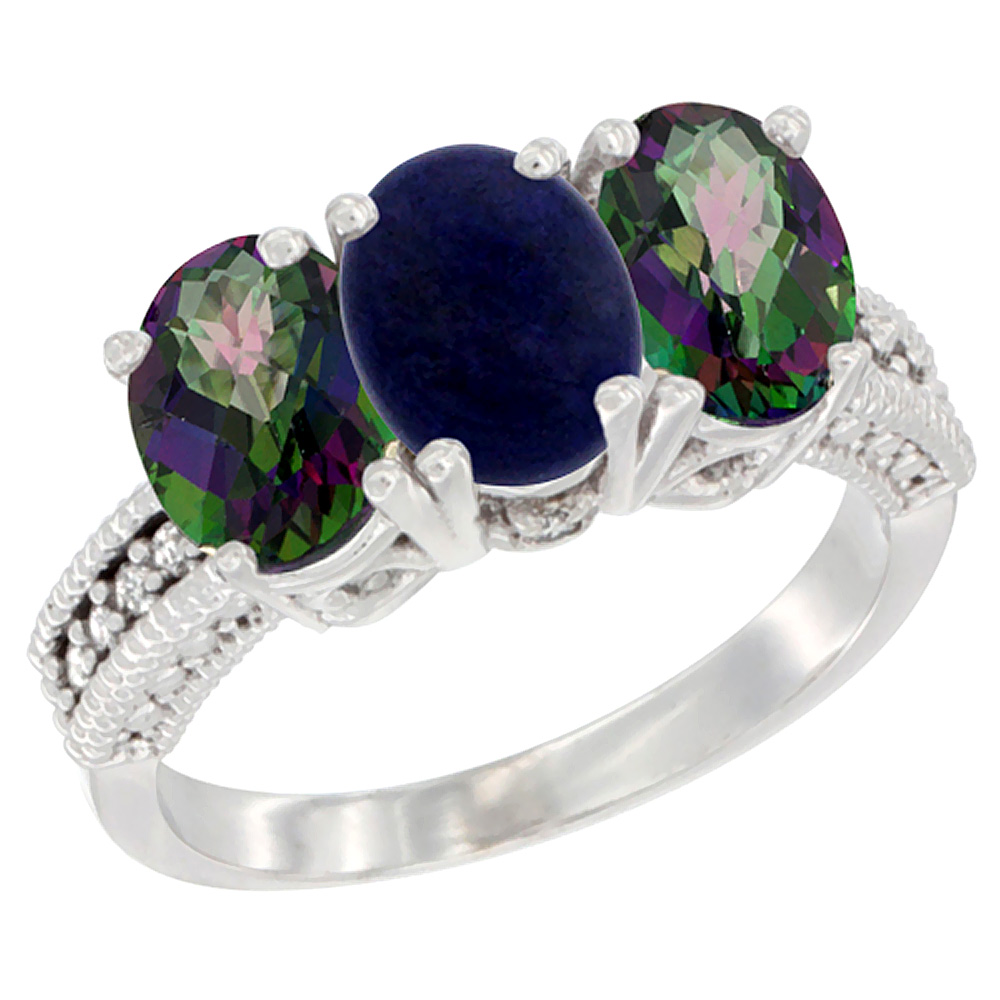 10K White Gold Natural Lapis & Mystic Topaz Sides Ring 3-Stone Oval 7x5 mm Diamond Accent, sizes 5 - 10