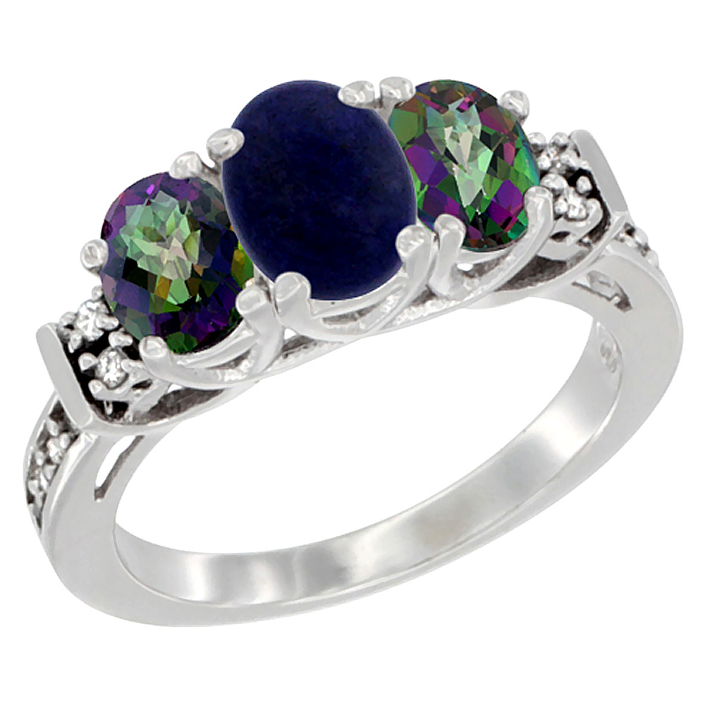 14K White Gold Natural Lapis & Mystic Topaz Ring 3-Stone Oval Diamond Accent, sizes 5-10