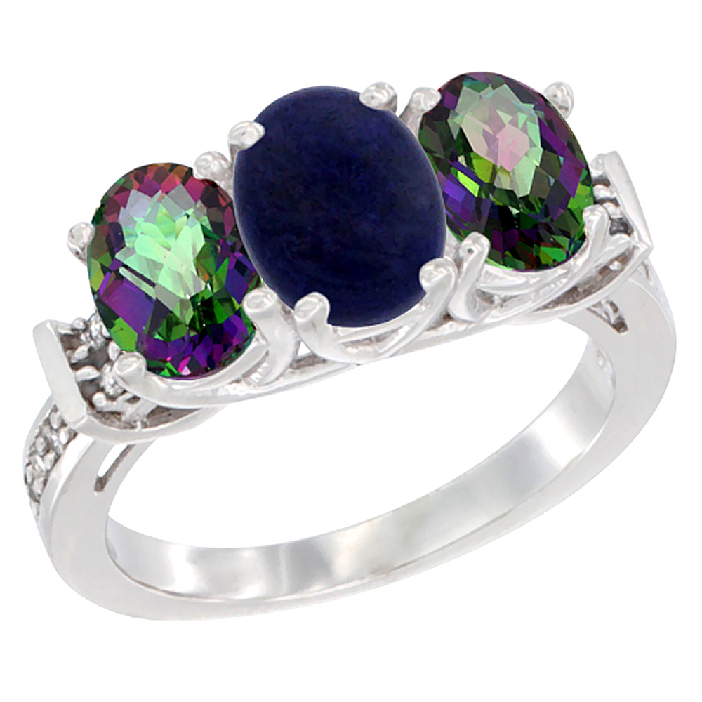 14K White Gold Natural Lapis & Mystic Topaz Sides Ring 3-Stone Oval Diamond Accent, sizes 5 - 10