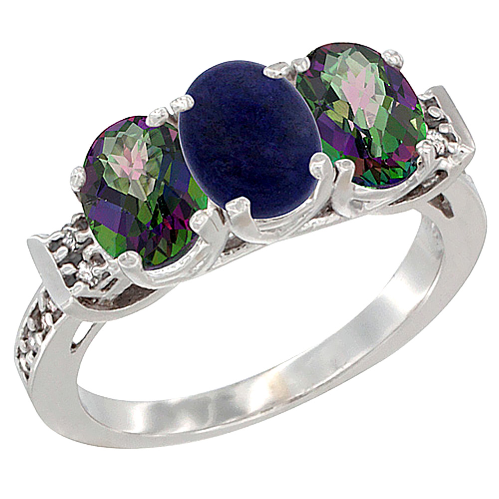 14K White Gold Natural Lapis & Mystic Topaz Sides Ring 3-Stone 7x5 mm Oval Diamond Accent, sizes 5 - 10