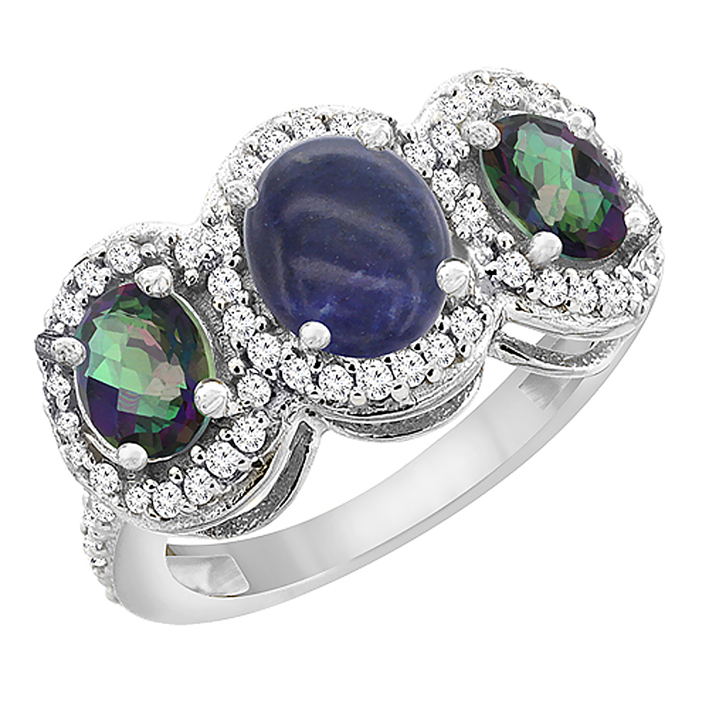 14K White Gold Natural Lapis & Mystic Topaz 3-Stone Ring Oval Diamond Accent, sizes 5 - 10