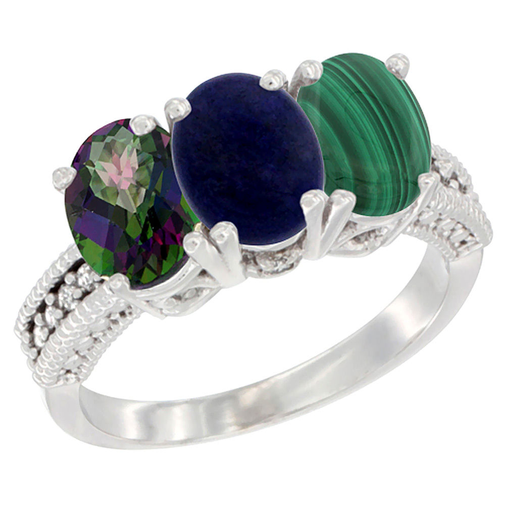 14K White Gold Natural Mystic Topaz, Lapis & Malachite Ring 3-Stone 7x5 mm Oval Diamond Accent, sizes 5 - 10