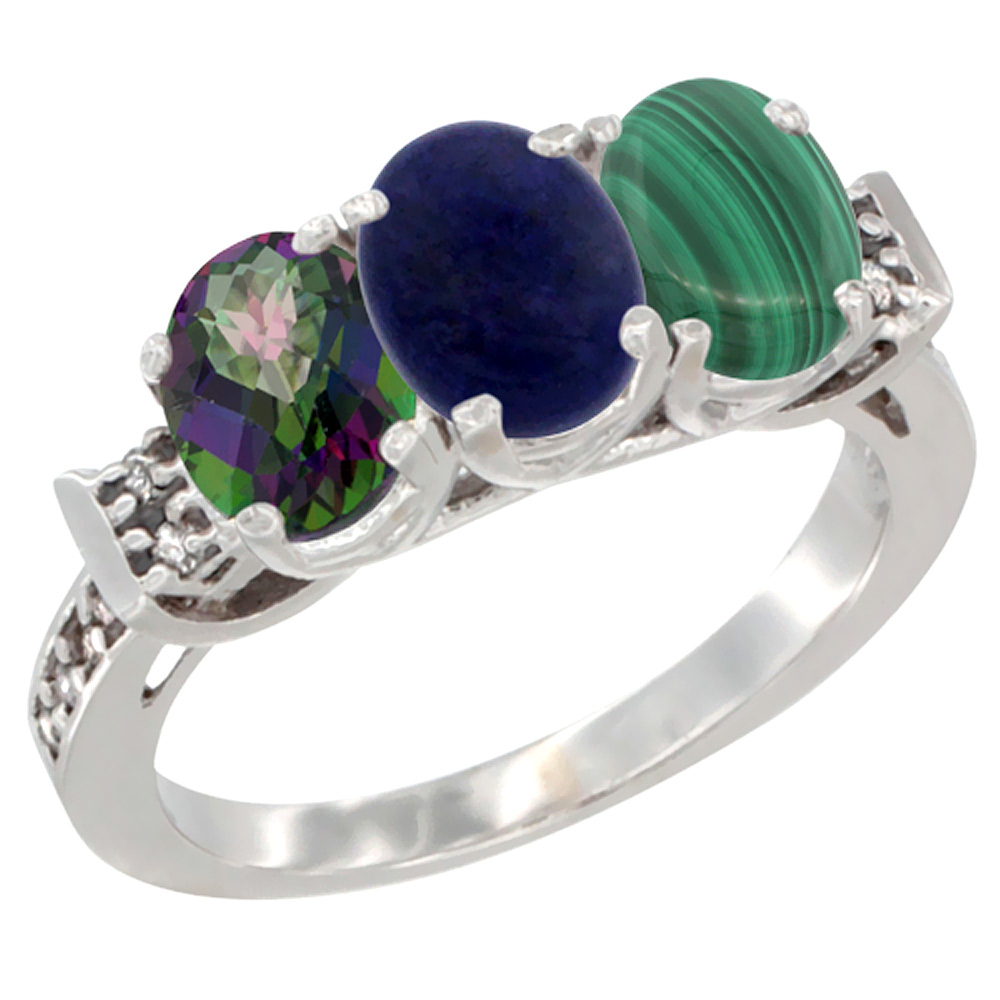 14K White Gold Natural Mystic Topaz, Lapis & Malachite Ring 3-Stone 7x5 mm Oval Diamond Accent, sizes 5 - 10