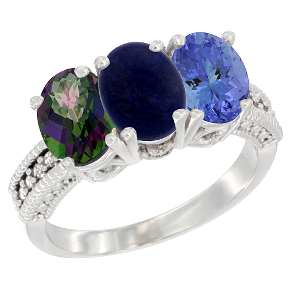 10K White Gold Natural Mystic Topaz, Lapis & Tanzanite Ring 3-Stone Oval 7x5 mm Diamond Accent, sizes 5 - 10