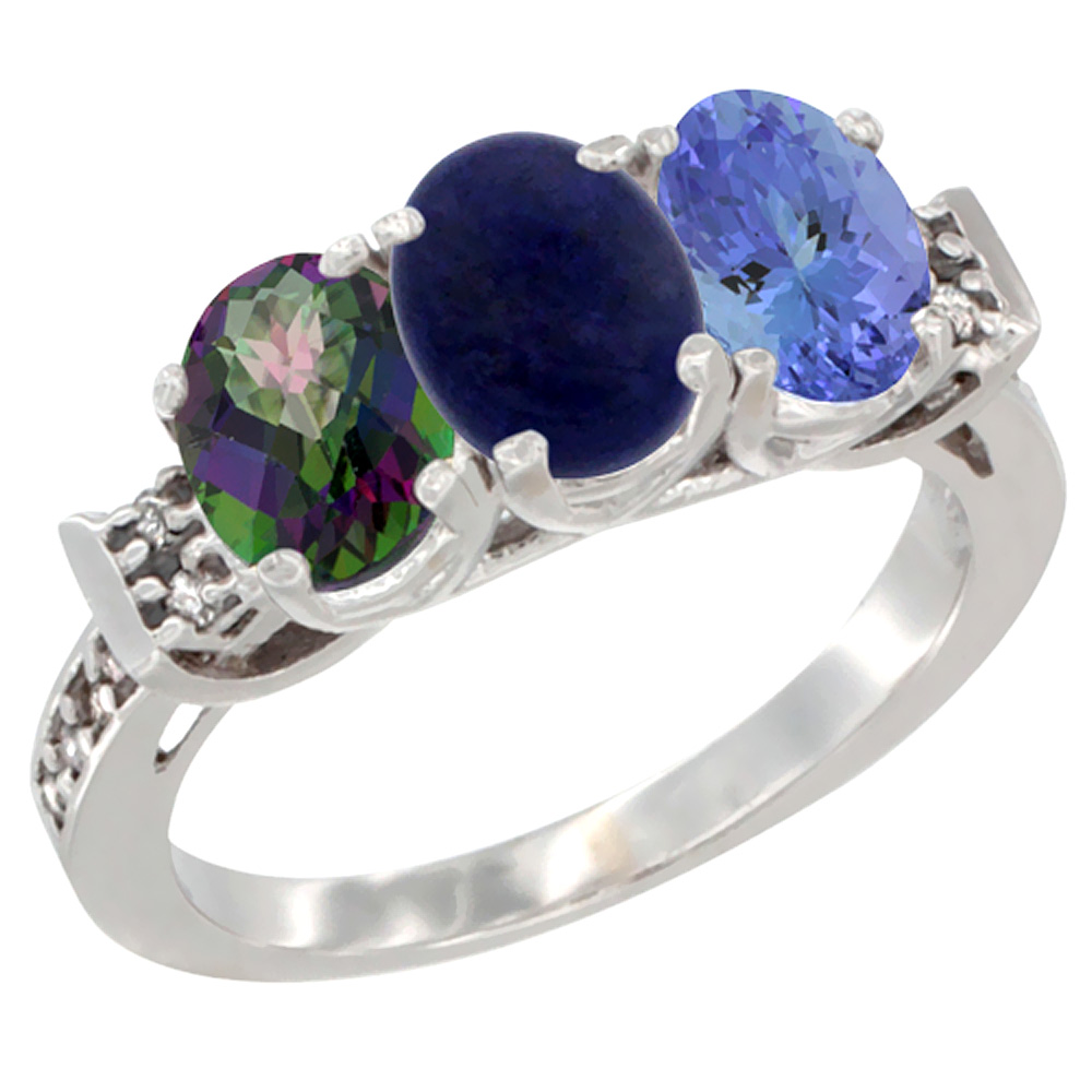 14K White Gold Natural Mystic Topaz, Lapis & Tanzanite Ring 3-Stone 7x5 mm Oval Diamond Accent, sizes 5 - 10