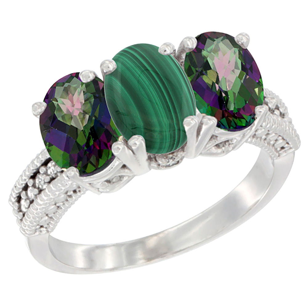 14K White Gold Natural Malachite & Mystic Topaz Sides Ring 3-Stone 7x5 mm Oval Diamond Accent, sizes 5 - 10