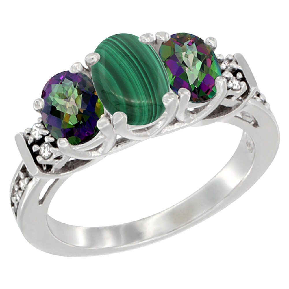 14K White Gold Natural Malachite & Mystic Topaz Ring 3-Stone Oval Diamond Accent, sizes 5-10