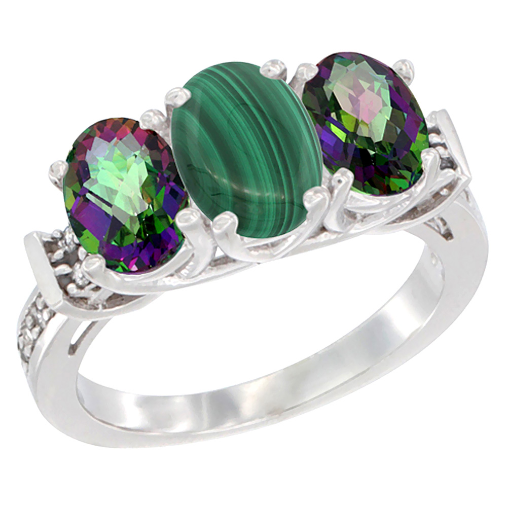 14K White Gold Natural Malachite &amp; Mystic Topaz Sides Ring 3-Stone Oval Diamond Accent, sizes 5 - 10